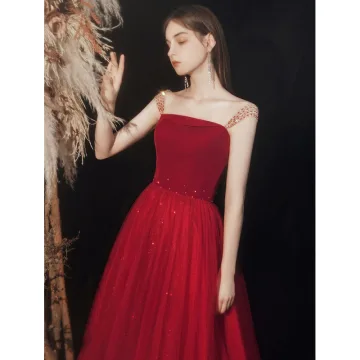 Charming Burgundy Prom Dresses Evening Dresses 2021 A Line Princess Square Neckline Beading Sequins Sleeveless Backless Floor Length Long Formal Dresses