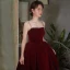 Chic / Beautiful Burgundy Suede Pearl Prom Dresses 2021 A-Line / Princess Spaghetti Straps Sleeveless Tea-length Formal Dresses
