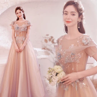 Charmant Rougissant Rose Perlage Perle Paillettes En Dentelle Fleur Robe De Bal 2021 Princesse Encolure Dégagée Manches Courtes Dos Nu Longue Robe De Ceremonie
