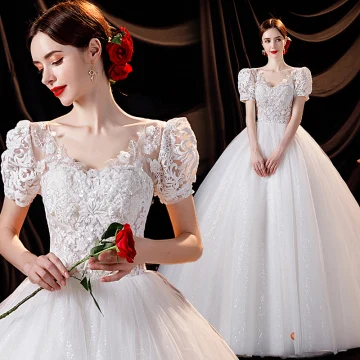 Charming Ivory Beading Wedding Dresses 2021 Ball Gown V Neck Lace Flower Appliques Sequins Short Sleeve Backless Floor Length Long Wedding