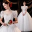 Charming Ivory Beading Wedding Dresses 2021 Ball Gown V-Neck Lace Flower Appliques Sequins Short Sleeve Backless Floor-Length / Long Wedding