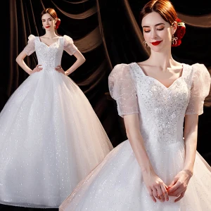 Scintillantes Ivoire Perlage Paillettes Robe De Mariée De Bal 2021 Encolure Carrée Gonflée Manches Courtes Dos Nu Longue Robe De Mariée