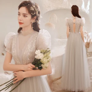 Charming Grey Prom Dresses 2021 A Line Princess High Neck Short Sleeve Beading Sequins Bow Backless Floor Length Long Formal Dresses