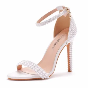 Sexy Blanche Perle Chaussure De Mariée 2021 Bride Cheville 11 Cm Talons Aiguilles Peep Toes Bout Ouvert Mariage Talons Hauts