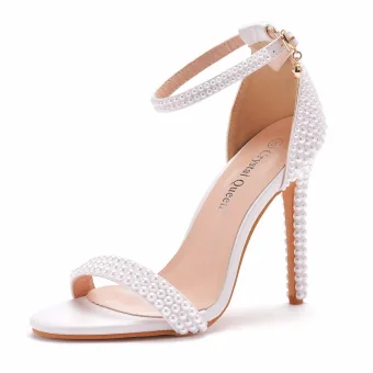 Sexy Blanche Perle Chaussure De Mariée 2021 Bride Cheville 11 Cm Talons Aiguilles Peep Toes Bout Ouvert Mariage Talons Hauts