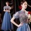 Fashion Ocean Blue Prom Dresses 2021 A-Line / Princess High Neck Beading Pearl Sequins Short Sleeve Backless Floor-Length / Long Formal Dresses