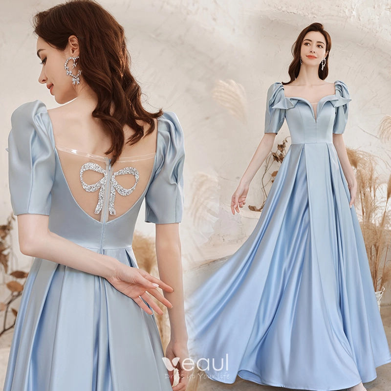 Elegant Sky Blue Satin Prom Dresses 2021 A-Line / Princess Square Neckline  Short Sleeve Backless Floor-Length / Long Formal Dresses