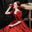 Elegant Burgundy Satin Prom Dresses 2021 A-Line / Princess Square Neckline Puffy Short Sleeve Backless Floor-Length / Long Prom Dresses