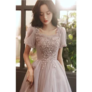 Chic Belle Rougissant Rose Robe De Bal 2021 Princesse Encolure Carrée Perlage Appliques Paillettes Manches Courtes Dos Nu Longue Robe De Ceremonie
