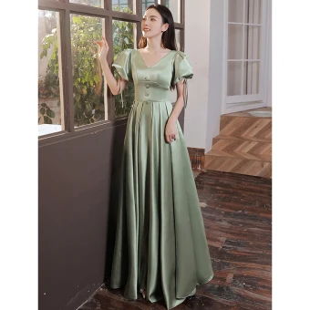 Elegant Sage Green Satin Prom Dresses 2021 A Line Princess V Neck Puffy Short Sleeve Floor Length Long Formal Dresses
