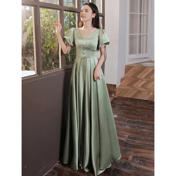 Elegant Sage Green Satin Prom Dresses 2021 A-Line / Princess V-Neck Puffy Short Sleeve Floor-Length / Long Formal Dresses
