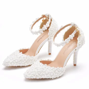 Charmant Witte Parel Kant Bloem Bruidsschoenen 2021 Enkelband 7 Cm Naaldhakken Stiletto Spitse Neus Huwelijk Hoge Hakken