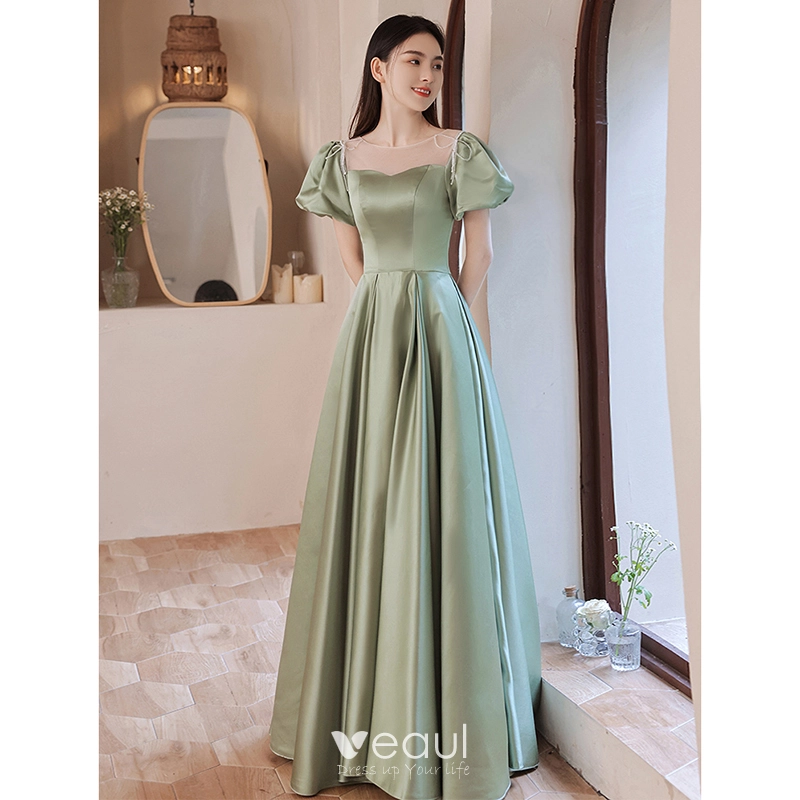 Floor Length Satin Green Short Sleeve Prom Dress Floor Length Satin Green Short Sleeve Prom Dress