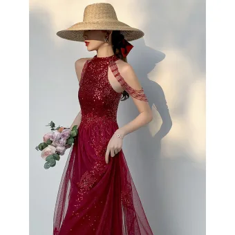 Charmant Scintillantes Bordeaux Paillettes Robe De Soirée 2021 Princesse Sans Manches Encolure Dégagée Longue Promo Robe De Ceremonie