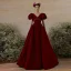 Elegant Burgundy Prom Dresses A-Line / Princess 2021 V-Neck Rhinestone Puffy Short Sleeve Backless Sweep Train Formal Dresses