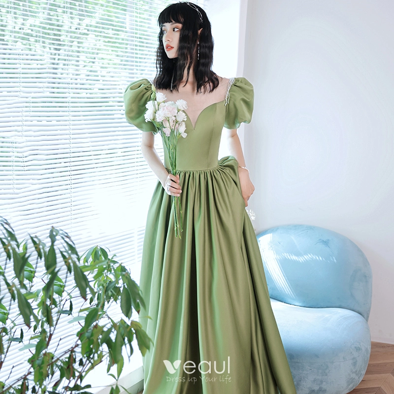 sage green puff sleeve dress 2025 Plus Size Sage Green Bridesmaid Dresses Chiffon Puffed Sleeves Sage Green / 20 main image 1