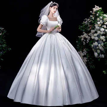 Elegant Ivory Satin Wedding Dresses 2021 Ball Gown Square Neckline Pearl Puffy Short Sleeve Backless Floor Length Long Wedding