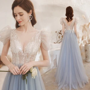 Charmant Bleu Ciel Robe De Bal 2021 Princesse Encolure Dégagée Perlage Paillettes Gonflée Manches Courtes Dos Nu Longue Robe De Ceremonie