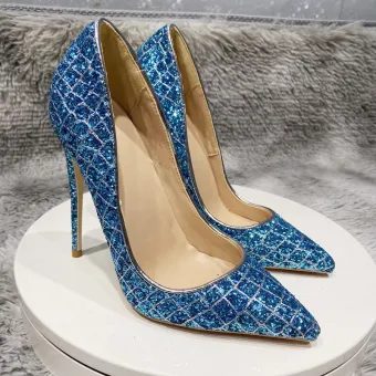 Sparkly Ocean Blue Sequins Cocktail Party Evening Party Pumps 2021 12 Cm Stiletto Heels Pointed Toe Pumps High Heels