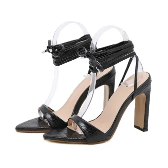 Romain Sexy Noire Vêtement De Rue Peep Toes Bout Ouvert Sandales Femme 2021 Bride Cheville 11 Cm Talons Épais Sandales Talons Hauts