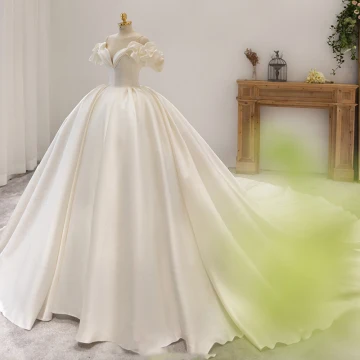 High End Elfenben Satin Brudekjoler 2021 Ballkjole Av Skulderen Puffy Korte Ermer Royal Train Bryllup