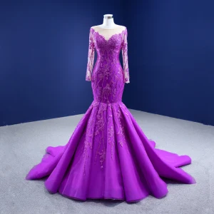 High End Purple Blonder Blomst Ballkjoler 2021 Trompet Havfrue Scoop Halsen Langermede Chapel Train Formelle Kjoler