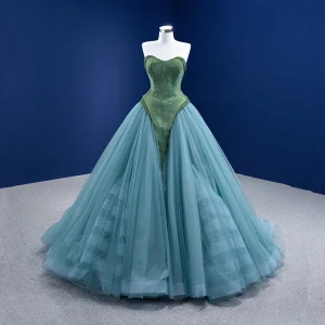 Chic Beautiful Dark Green Pool Blue Ball Gown Prom Dresses 2021 Strapless Sleeveless Backless Sweep Train Formal Dresses