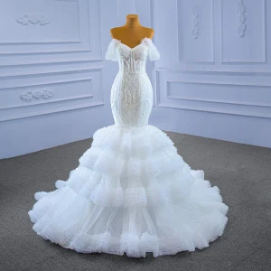 Haut De Gamme Blanche Perlage En Dentelle Fleur Robe De Mariée 2021 Trompette Sirène Bustier Sans Manches Dos Nu Tribunal Train Mariage