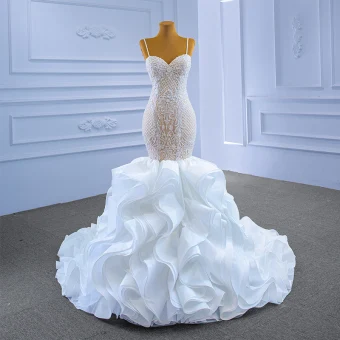 Luxury Gorgeous High End Charming White Cascading Ruffles Wedding Dresses 2021 Trumpet Mermaid Spaghetti Straps Sleeveless Beading Pearl Lace Flower Backless