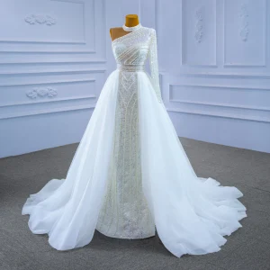 Haut De Gamme Scintillantes Blanche Robe De Mariée 2021 Trompette Sirène Perlage Col Haut Perle Paillettes Manches Longues Dos Nu Tribunal Train Mariage
