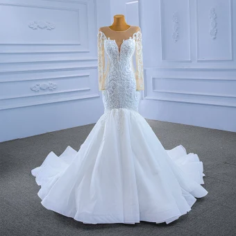 Haut De Gamme Blanche Perlage Paillettes Robe De Mariée 2021 Trompette Sirène Encolure Dégagée Manches Longues Cathedral Train Mariage