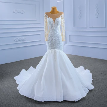 High End White Beading Sequins Wedding Dresses 2021 Trumpet Mermaid Scoop Neck Long Sleeve Cathedral Train Wedding