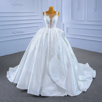 Luxury Gorgeous High End White Pearl Lace Flower Wedding Dresses 2021 Ball Gown Satin Scoop Neck Sleeveless Backless Chapel Train Wedding