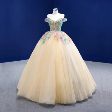 Fée Des Fleurs Chic Belle Champagne Perle En Dentelle Fleur Robe De Bal 2021 Robe Boule De L Épaule Sans Manches Dos Nu Longue Robe De Ceremonie