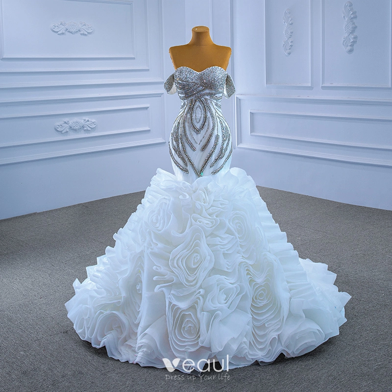 Luxury / Gorgeous High-end White Beading Rhinestone Cascading Ruffles Wedding  Dresses 2021 Trumpet / Mermaid Off-The-Shoulder Sleeveless Backless Chapel  Train Wedding