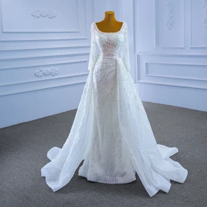 Sparkly High End White Beading Pearl Sequins Wedding Dresses 2021 Trumpet Mermaid U Neck Long Sleeve Backless Floor Length Long Wedding