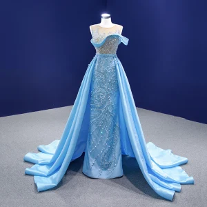 High End Blå Beading Perle Paljetter Ballkjoler 2021 Trompet Havfrue Scoop Halsen Uten Ermer Ryggløse Chapel Train Formelle Kjoler