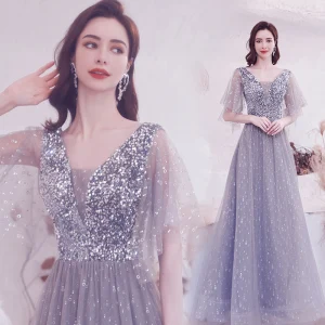 Sparkly Grey Beading Sequins Prom Dresses 2021 A Line Princess V Neck 1 2 Sleeves Backless Floor Length Long Formal Dresses