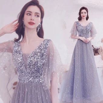 Scintillantes Gris Perlage Paillettes Robe De Bal 2021 Princesse V Cou 1 2 Manches Dos Nu Longue Robe De Ceremonie