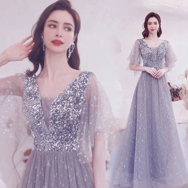 Sparkly Grey Beading Sequins Prom Dresses 2021 A-Line / Princess V-Neck 1/2 Sleeves Backless Floor-Length / Long Formal Dresses