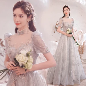 Chic Beautiful Silver Lace Flower Prom Dresses 2021 A Line Princess High Neck Beading Pearl Rhinestone Sequins Short Sleeve Backless Floor Length Long Formal Dresses
