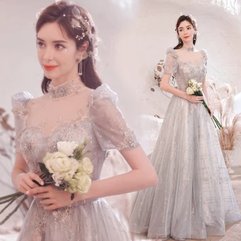 Chic Beautiful Silver Lace Flower Prom Dresses 2021 A Line Princess High Neck Beading Pearl Rhinestone Sequins Short Sleeve Backless Floor Length Long Formal Dresses