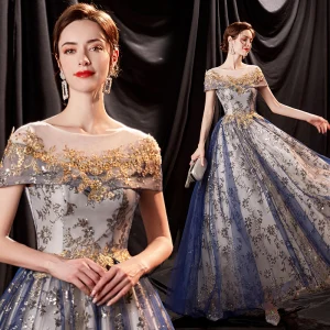 Charmant Bling Bling Océan Bleu Robe De Bal 2021 Princesse Encolure Dégagée Perlage Paillettes En Dentelle Fleur Manches Courtes Dos Nu Longue Robe De Ceremonie