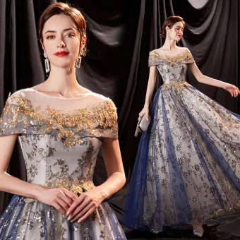 Charmant Bling Bling Océan Bleu Robe De Bal 2021 Princesse Encolure Dégagée Perlage Paillettes En Dentelle Fleur Manches Courtes Dos Nu Longue Robe De Ceremonie