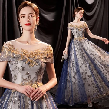 Charmant Bling Bling Océan Bleu Robe De Bal 2021 Princesse Encolure Dégagée Perlage Paillettes En Dentelle Fleur Manches Courtes Dos Nu Longue Robe De Ceremonie
