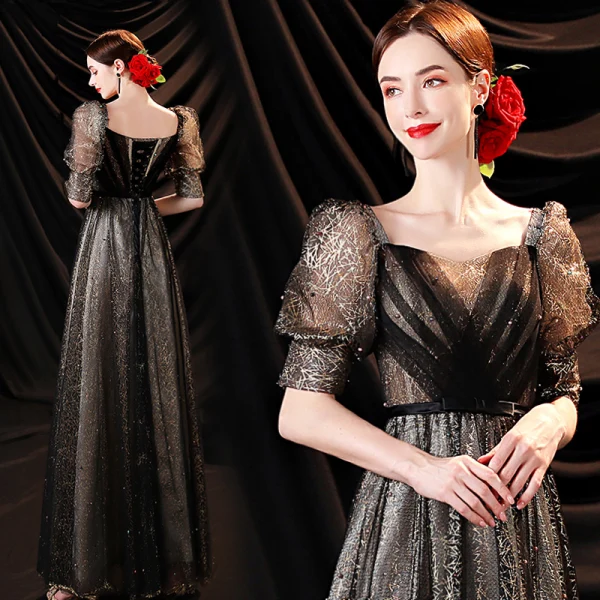 Charming Glitter Black Gold Prom Dresses 2021 A-Line / Princess Square  Neckline Pearl Short Sleeve Backless