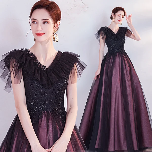 Vintage / Originale Violet Perlage Paillettes En Dentelle Fleur Robe De Bal 2021 Princesse V-Cou Manches Courtes Dos Nu Longue Robe De Ceremonie