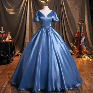 Chic Beautiful Ocean Blue Satin Prom Dresses 2021 Scoop Neck Puffy Short Sleeve Backless Floor Length Long Formal Dresses