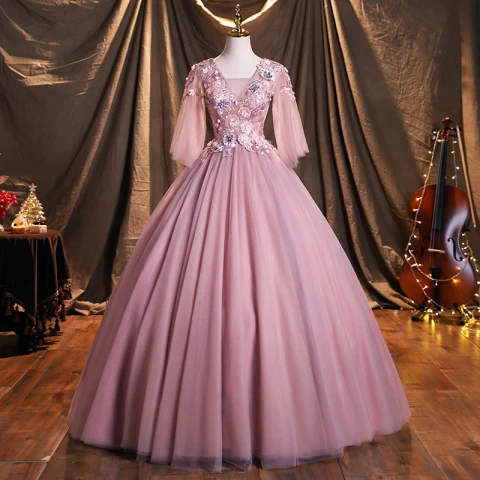 Elegantes Rosa Clara Apliques Rebordear Con Encaje Flor Vestidos de gala 2021 Escote Cuadrado 3/4 Ærmer Sin Espalda Largos Vestidos Formales