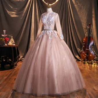 Chic Belle Rougissant Rose Paillettes Robe De Bal 2021 Robe Boule Col Haut Manches Longues Dos Nu Ceinture Longue Robe De Ceremonie